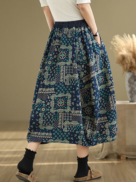 Women Spring Ethnic Flower A-Shape Denim Skirt