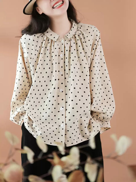 Women Spring Dot 100%Cotton Turn-down Collar Shirt