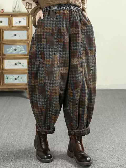 Women Vintage Plaid 100%Cotton Harem Pants