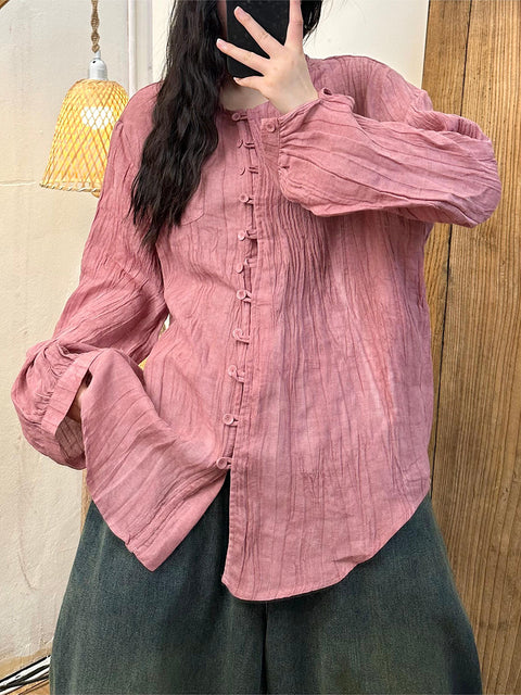 Women Spring O-Neck Button Shirred Ramie Shirt