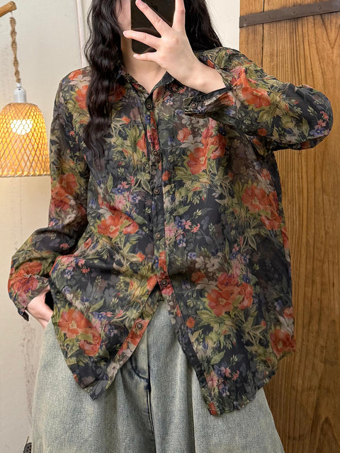 Women Spring Artsy Turn-down Collar Flower Shirt