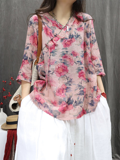 Women Spring Ethnic V-Neck Flower 100%Ramie Shirt