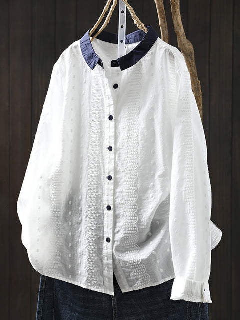 Women Spring Artsy Colorblock Embroidery Turn-down Collar Shirt