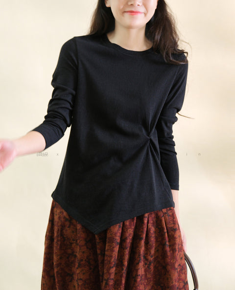 Women Spring O-Neck Pure Color Cotton Waist Fold Shirt