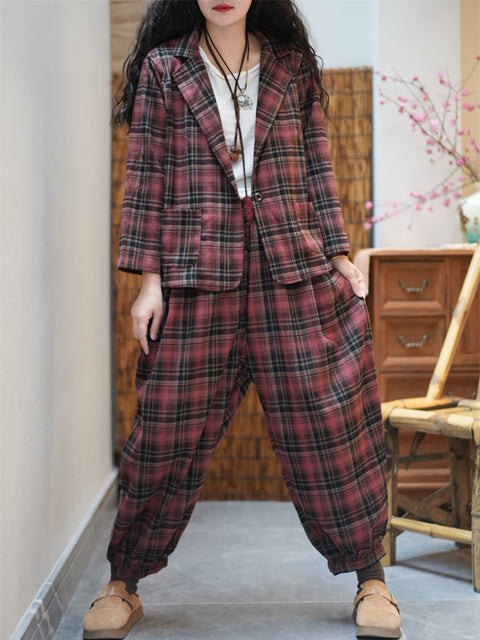 Women Spring Vintage PlaidTurn-down Collar Loose Suits