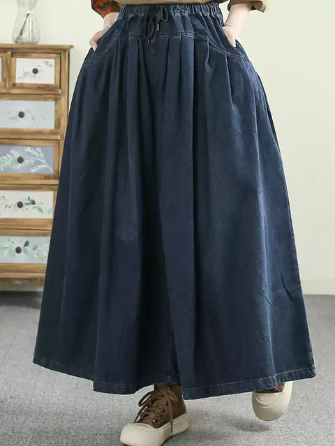 Women Spring Casual Pure Color Denim Wide-leg Pants