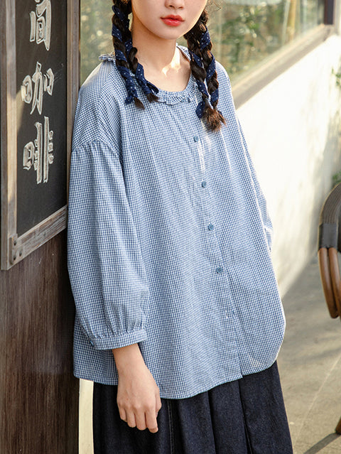 Women Spring Lace Neck Lattice 100%Cotton Shirt