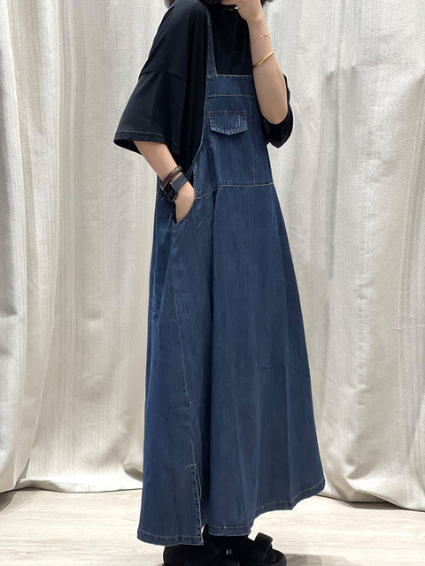 Women Spring Pure Color Denim Maxi Suspender Dress