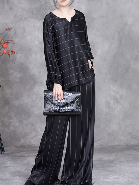 Women Spring Casual Stripe V-Neck Loose Suits