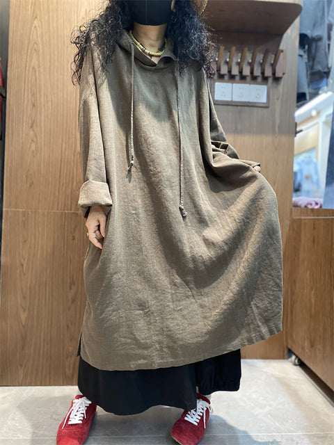 Women Spring Casual Pure Color Loose Hooded Dress