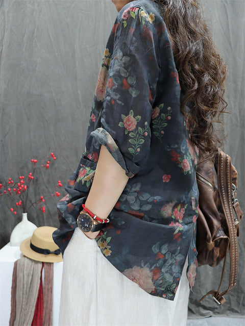 Women Summer Vintage Flower Lapel 100%Ramie Shirt