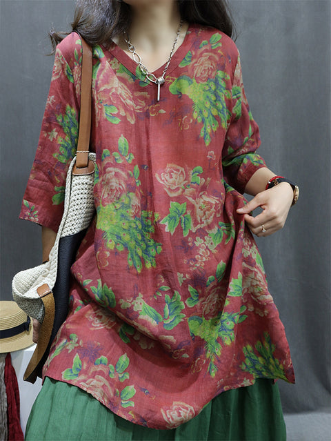 Women Summer Vintage V-Neck Flower 100%Ramie Shirt