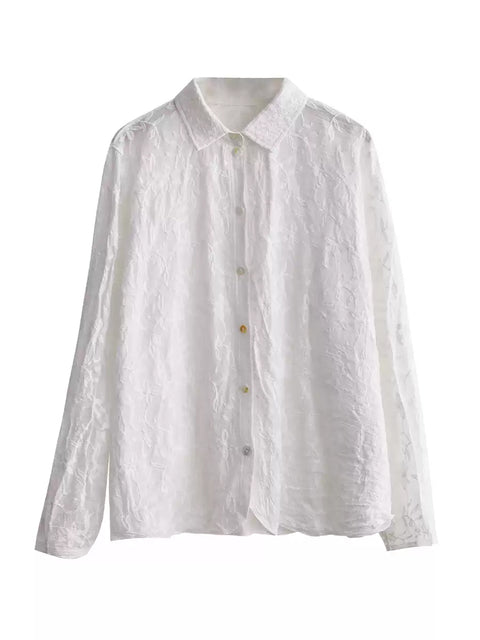 Women Summer Embroidery 100%Cotton Turn-down Collar Shirt