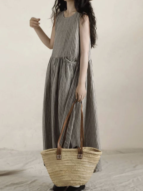 Women Spring Artsy Stripe 100%Linen Vest Maxi Dress