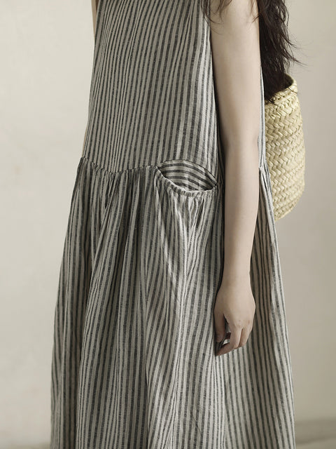 Women Spring Artsy Stripe 100%Linen Vest Maxi Dress