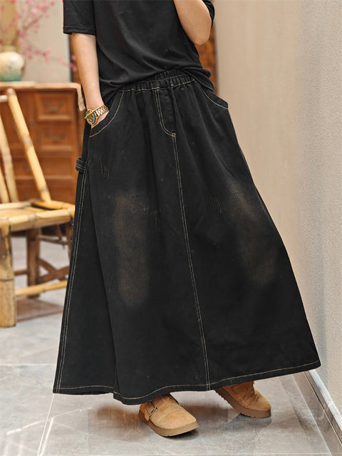 Women Spring Retro Washed Denim A-Shape Skirt