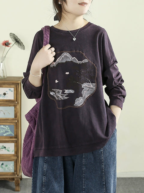 Women Spring Vintage Embroidery Cotton O-Neck Shirt