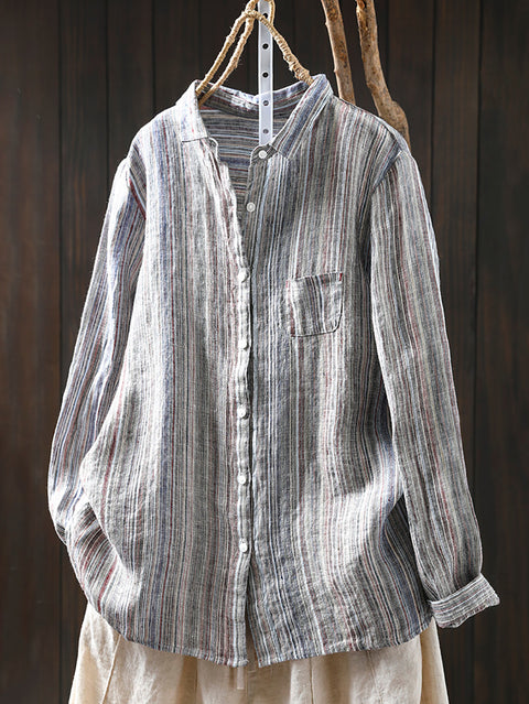 Women Artsy Stripe 100%Linen Turn-down Collar Shirt