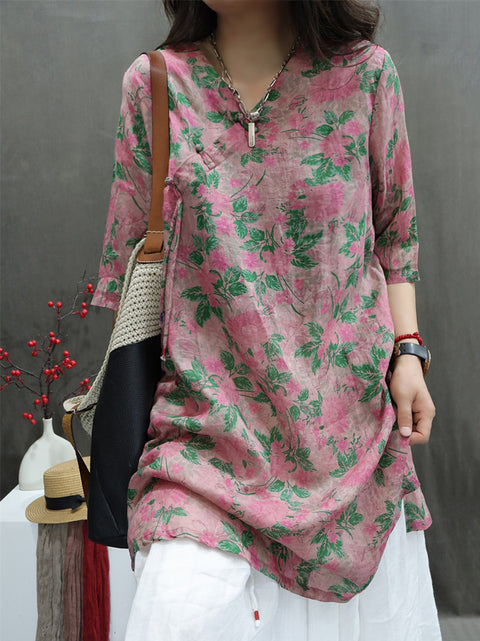 Women Spring Vintage Flower V-Neck 100%Ramie Shirt