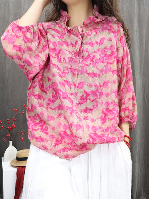 Women Artsy Flower Lace Collar 100%Ramie Shirt