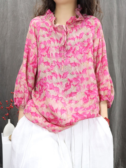 Women Artsy Flower Lace Collar 100%Ramie Shirt