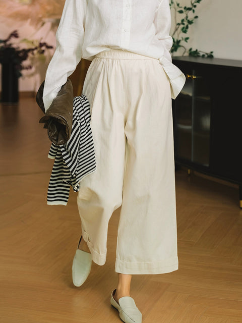 Women Spring Pure Color Cotton Wide-leg Bloomers