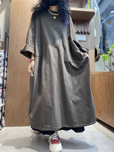 Women Spring Casual Pure Color O-Neck Loose Dress