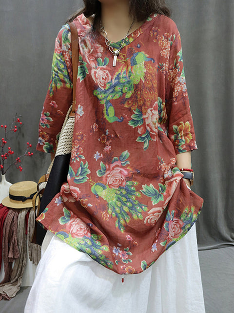 Women Spring Artsy Flower V-Neck 100%Ramie Shirt