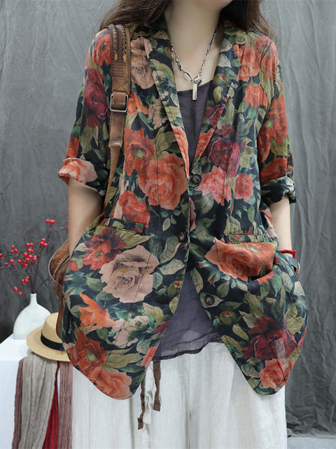 Women Artsy Spring Flower Lapel 100%Ramie Shirt