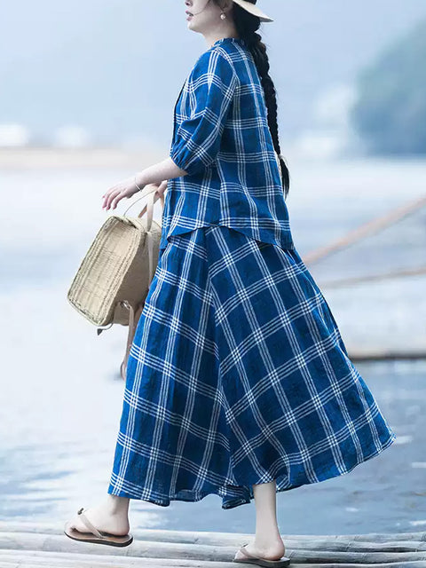 Women Summer Vintage Plaid 100%Linen Loose Suits