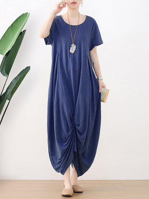 Women Summer Casual Pure Color O-Neck Dress