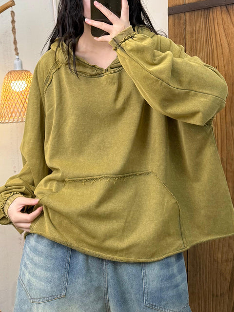 Women Spring Retro Pure Color Cotton Hooded Shirt