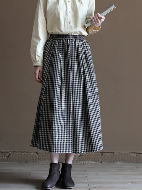 Women Summer Vintage Plaid A-Shape 100%Cotton Skirt