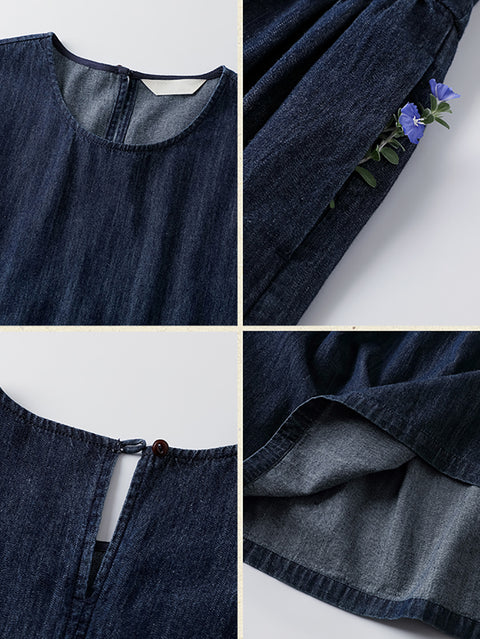 Women Spring Pure Color O-Neck Denim Dress