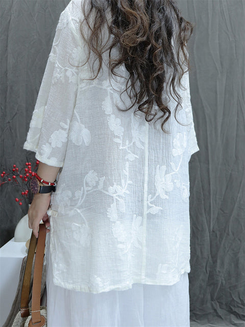 Women Retro Flower Jacquard V-Neck Cotton Linen Shirt