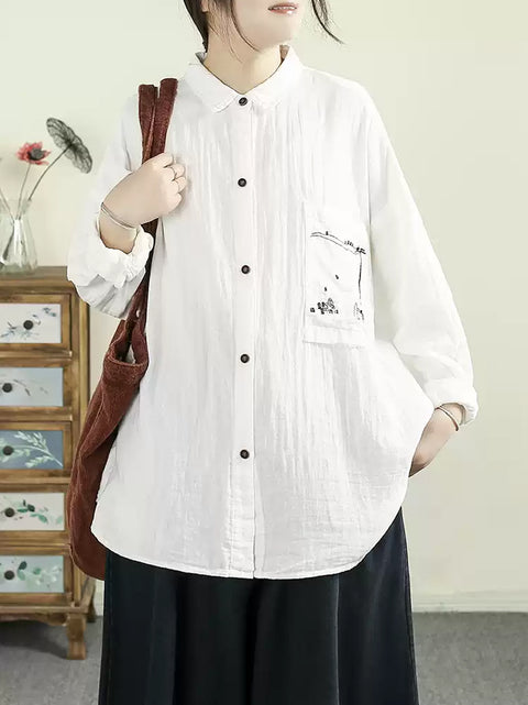 Women Summer Vintage Embroidery 100%Cotton Shirt