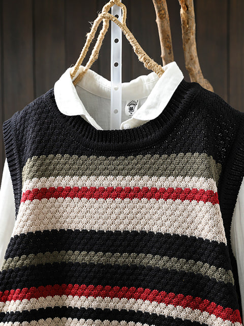 Women Spring Casual Colorblock Stripe O-Neck Knit Vest