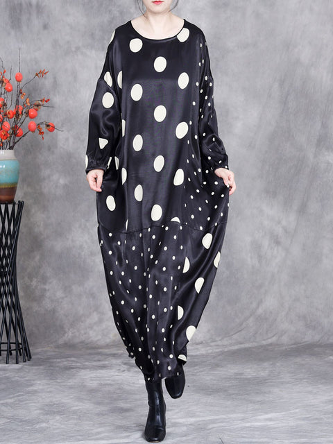 Women Spring Vintage Dot Spliced Loose Dress