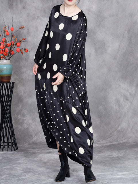 Women Spring Vintage Dot Spliced Loose Dress