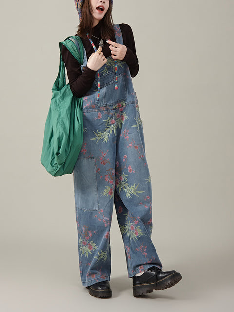 Women Summer Casual Flower Denim Wide-leg Jumpsuits