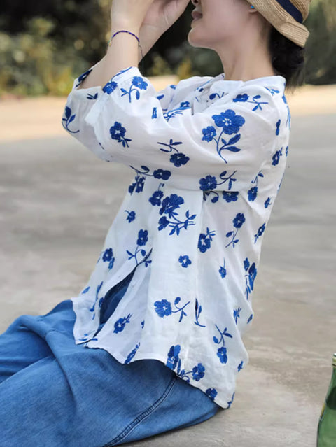 Women Artsy Spring Flower Embroidery 100%Ramie Shirt