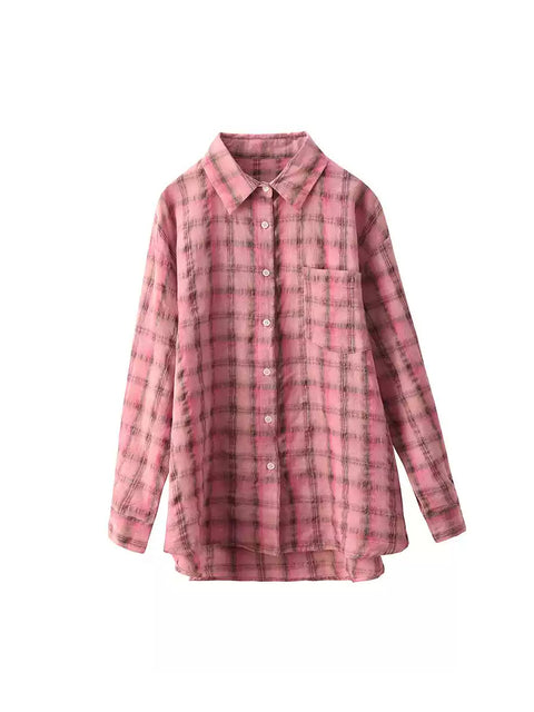 Women Artsy Spring Plaid Linen Turn-down Collar Shirt