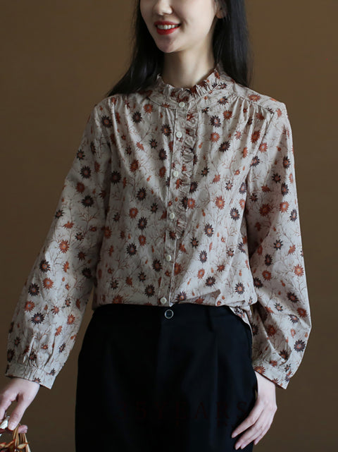 Women Spring Artsy Flower Button-up 100%Cotton Shirt