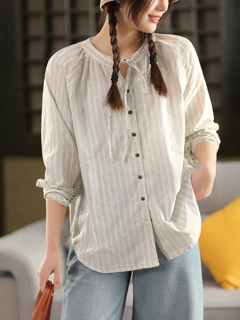 Women Spring Stripe 100%Cotton Stand Collar Shirt