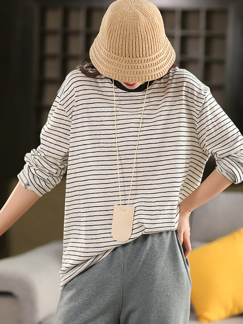 Women Spring Stripe Colorblock Cotton O-Neck Shirt