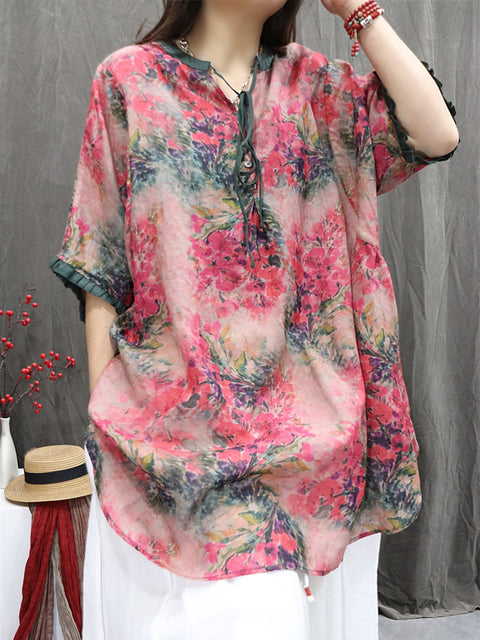 Women Summer Vintage Flower V-Neck 100%Ramie Shirt