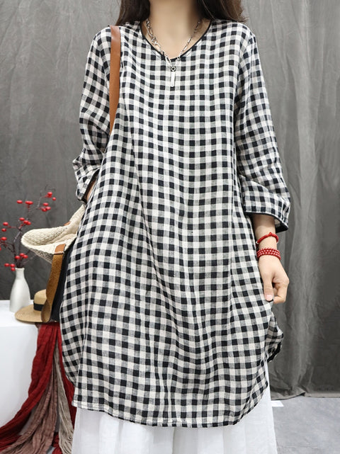 Women Vintage Plaid O-Neck 100%Linen Long Shirt