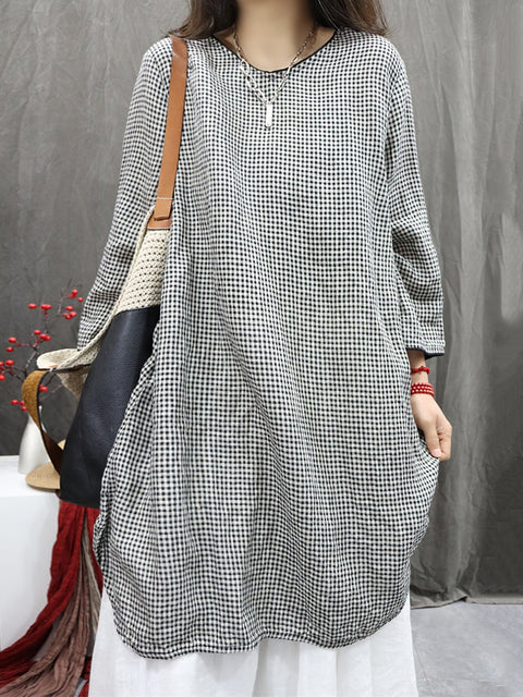 Women Vintage Plaid O-Neck 100%Linen Long Shirt