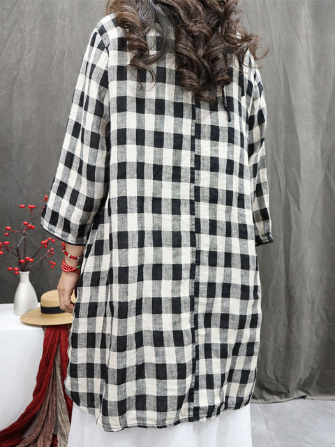 Women Vintage Plaid O-Neck 100%Linen Long Shirt