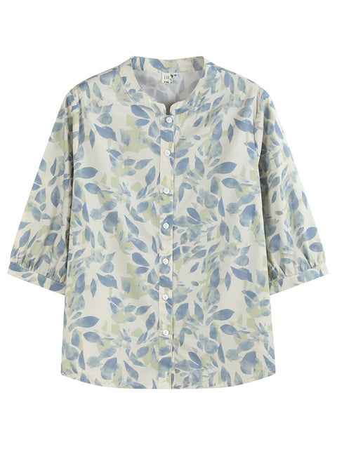 Women Summer Artsy Flower 100%Cotton Stand Collar Shirt